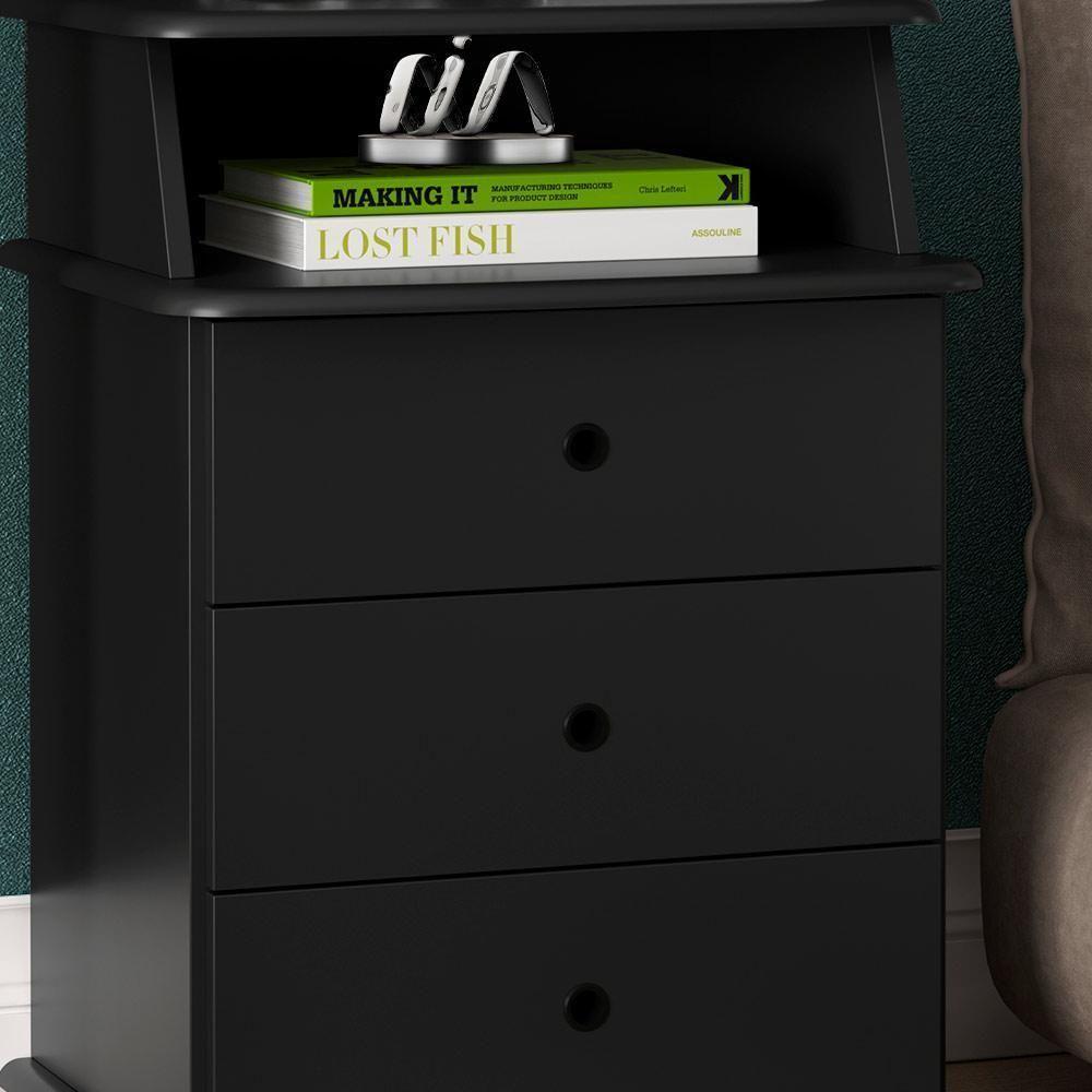 Mesa De Cabeceira 3 Gavetas Com Nicho Preta Para Quarto Preto - 3