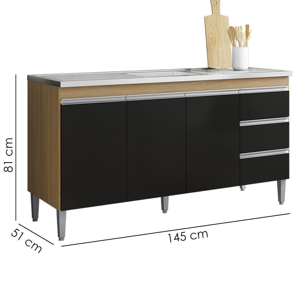 Balcão Pia Sem Tampo 3 Portas 3 Gavetas 145 Cm Andreia Amendoa Preto Reajl Moveis - 3