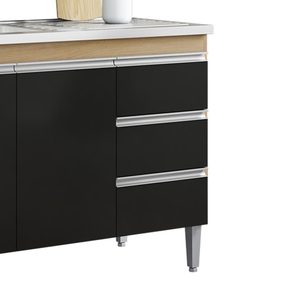 Balcão Pia Sem Tampo 3 Portas 3 Gavetas 145 Cm Andreia Amendoa Preto Reajl Moveis - 6