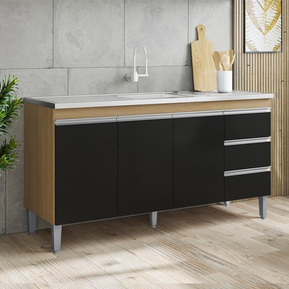 Balcão Pia Sem Tampo 3 Portas 3 Gavetas 145 Cm Andreia Amendoa Preto Reajl Moveis - 7