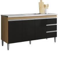 Balcão Pia Sem Tampo 3 Portas 3 Gavetas 145 Cm Andreia Amendoa Preto Reajl Moveis - 1