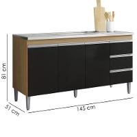 Balcão Pia Sem Tampo 3 Portas 3 Gavetas 145 Cm Andreia Amendoa Preto Reajl Moveis - 3