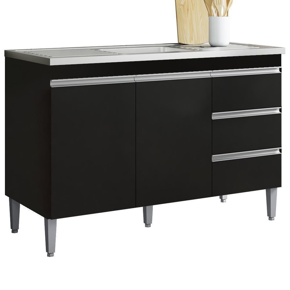 Balcão Pia Sem Tampo 2 Portas 3 Gavetas 116 Cm Andreia Preto Reajl Moveis - 1