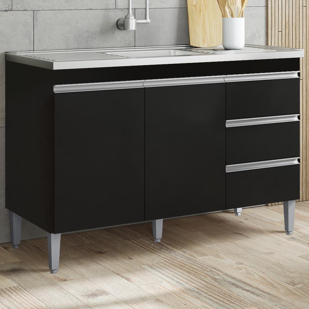 Balcão Pia Sem Tampo 2 Portas 3 Gavetas 116 Cm Andreia Preto Reajl Moveis - 2