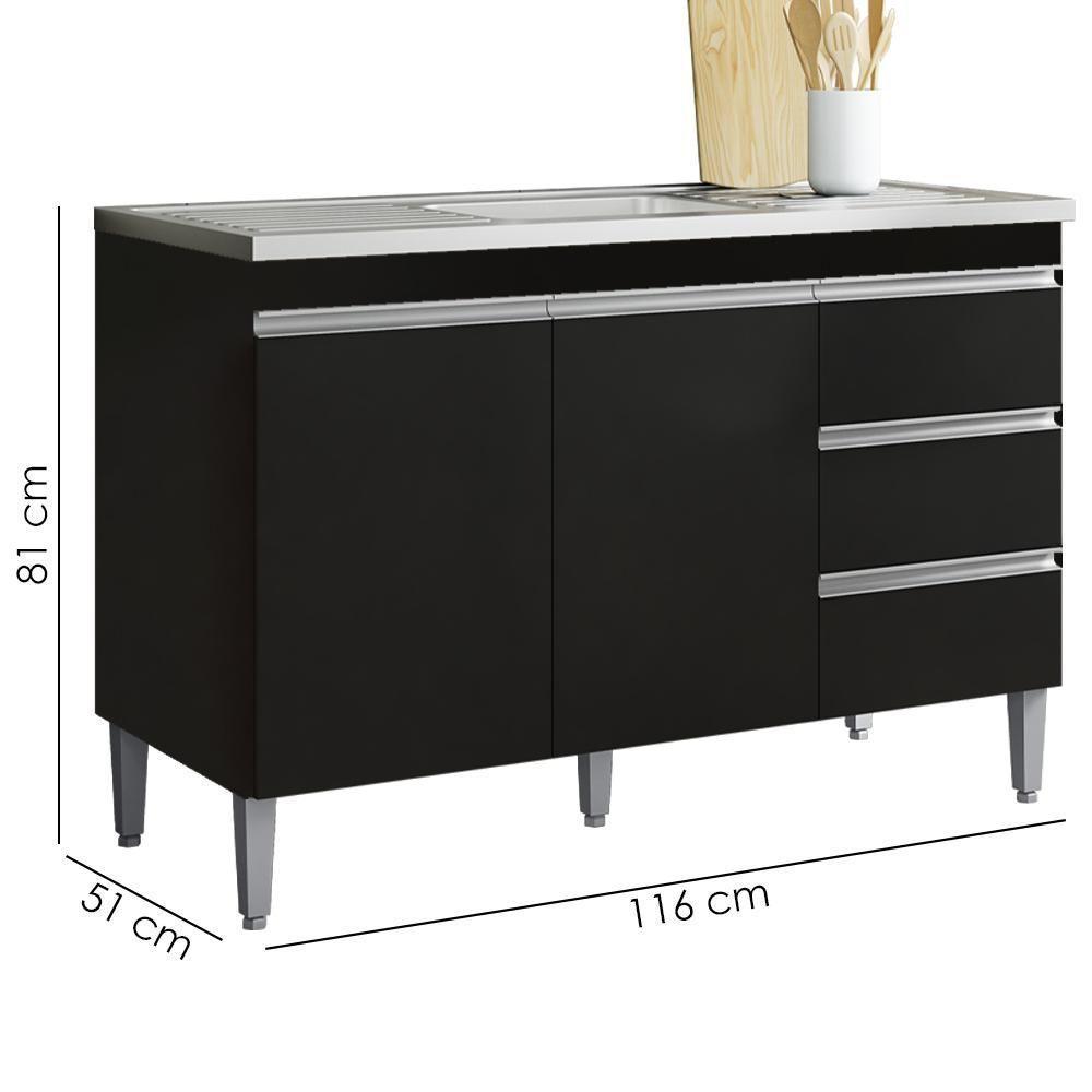 Balcão Pia Sem Tampo 2 Portas 3 Gavetas 116 Cm Andreia Preto Reajl Moveis - 3