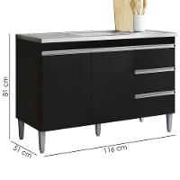 Balcão Pia Sem Tampo 2 Portas 3 Gavetas 116 Cm Andreia Preto Reajl Moveis - 3