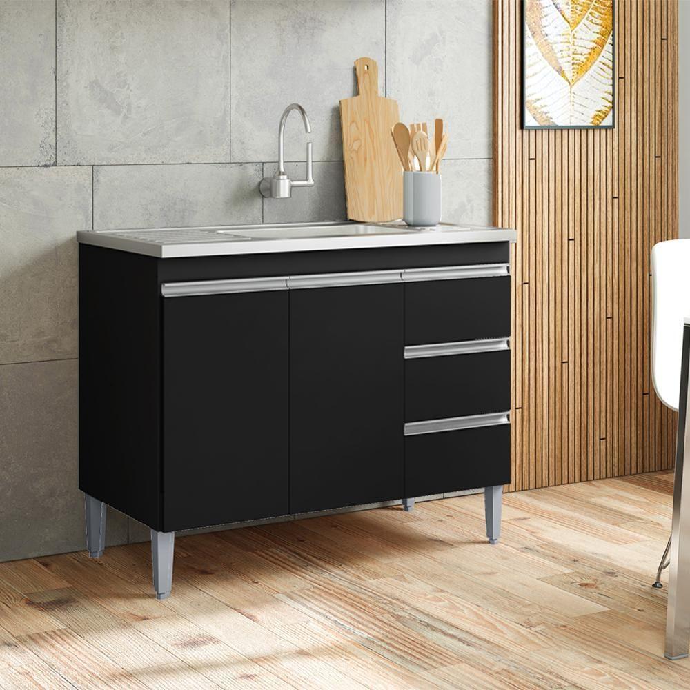 Balcão Pia Sem Tampo 2 Portas 3 Gavetas 97 Cm Andreia Preto Reajl Moveis - 6