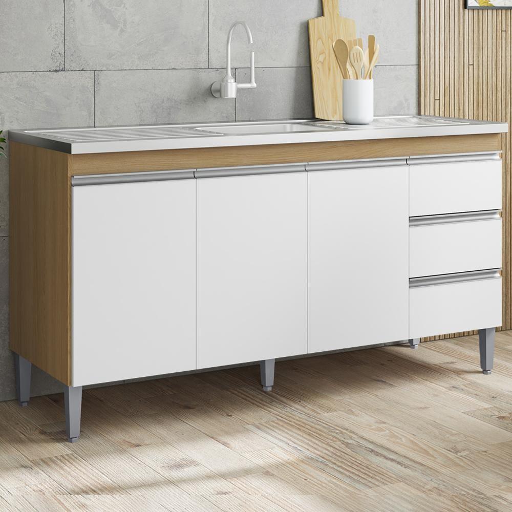 Balcão Pia Sem Tampo 3 Portas 3 Gavetas 145 Cm Andreia Amendoa Branco Reajl Moveis - 2