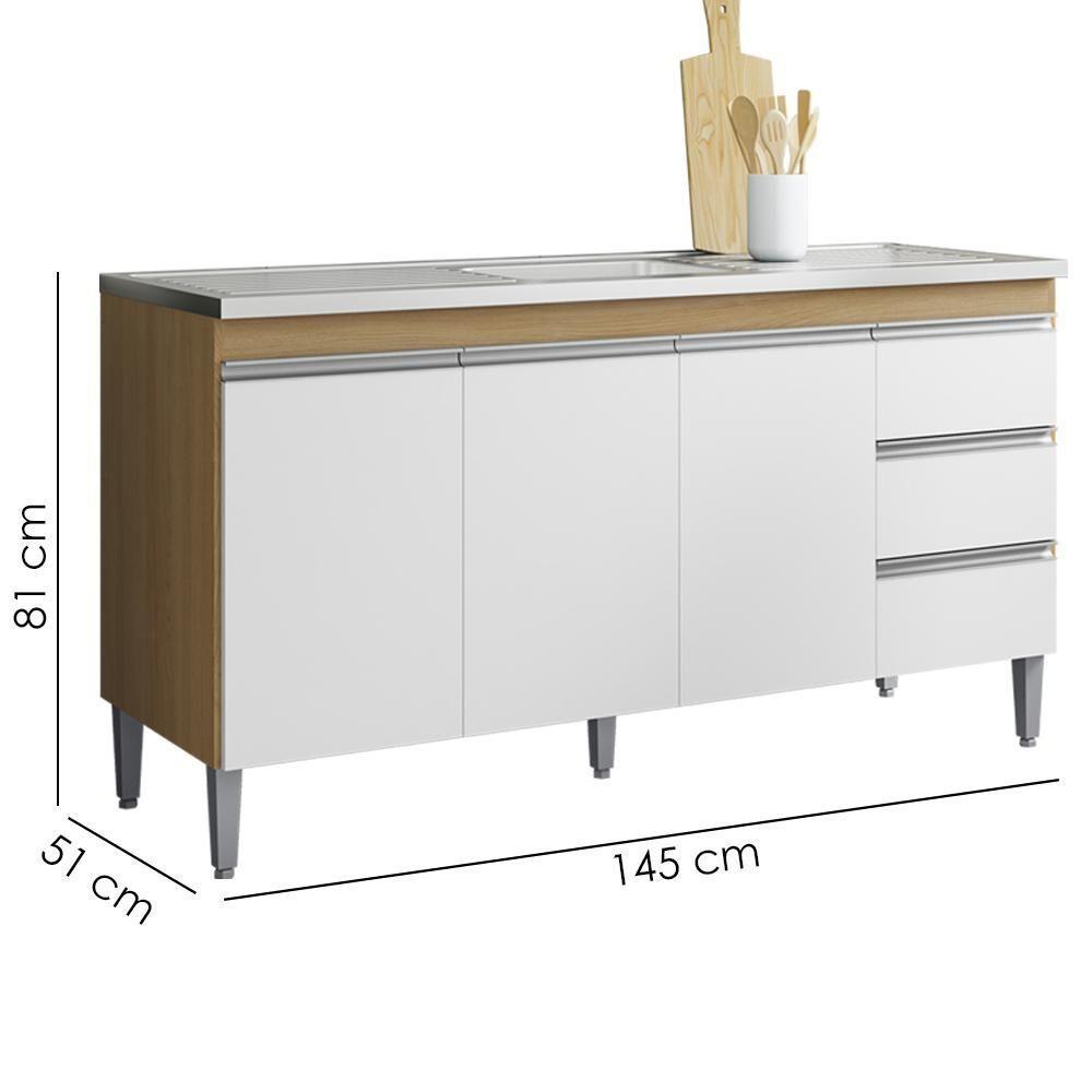 Balcão Pia Sem Tampo 3 Portas 3 Gavetas 145 Cm Andreia Amendoa Branco Reajl Moveis - 3