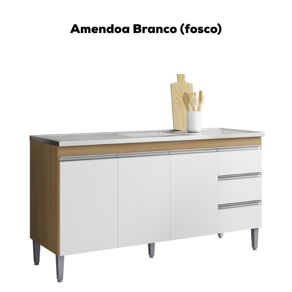Balcão Pia Sem Tampo 3 Portas 3 Gavetas 145 Cm Andreia Amendoa Branco Reajl Moveis - 4