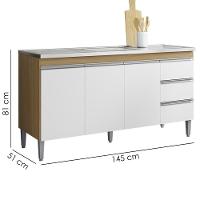 Balcão Pia Sem Tampo 3 Portas 3 Gavetas 145 Cm Andreia Amendoa Branco Reajl Moveis - 3