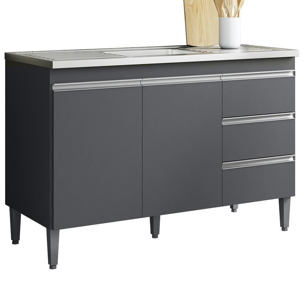 Balcão Pia Sem Tampo 2 Portas 3 Gavetas 116 Cm Andreia Cinza Reajl Moveis - 1