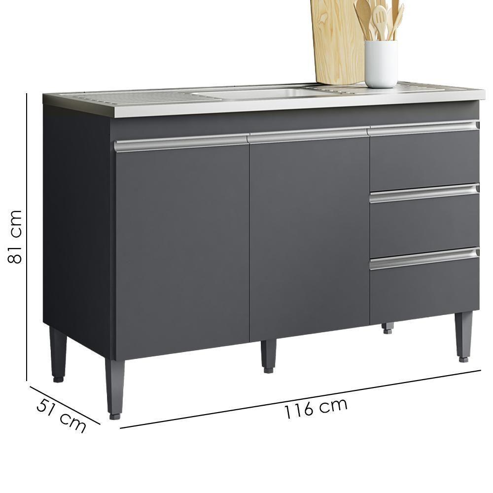 Balcão Pia Sem Tampo 2 Portas 3 Gavetas 116 Cm Andreia Cinza Reajl Moveis - 3