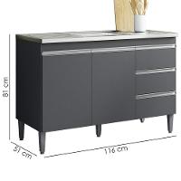 Balcão Pia Sem Tampo 2 Portas 3 Gavetas 116 Cm Andreia Cinza Reajl Moveis - 3