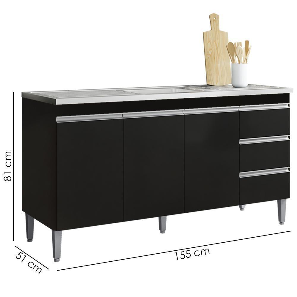 Balcão Pia Sem Tampo 3 Portas 3 Gavetas 155 Cm Andreia Preto Reajl Moveis - 3