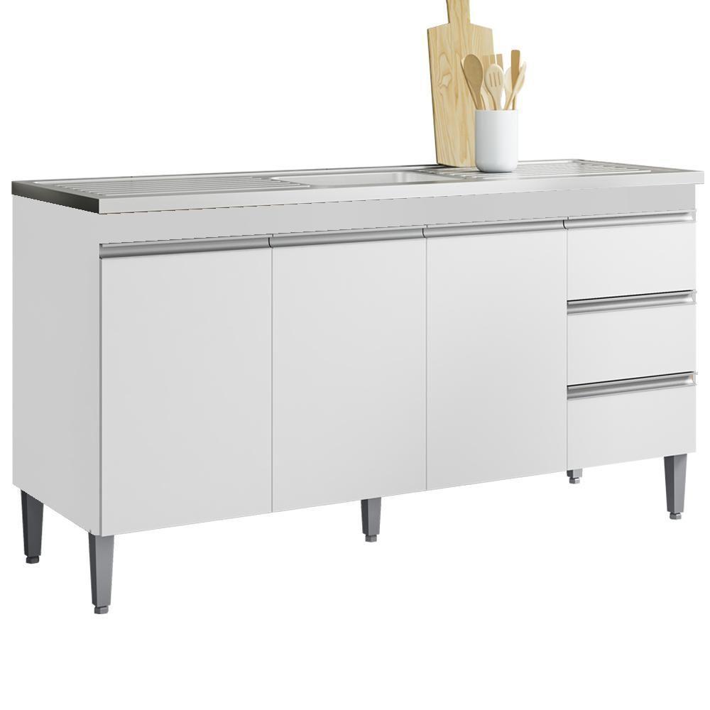 Balcão Pia Sem Tampo 3 Portas 3 Gavetas 145 Cm Andreia Branco Reajl Moveis - 1