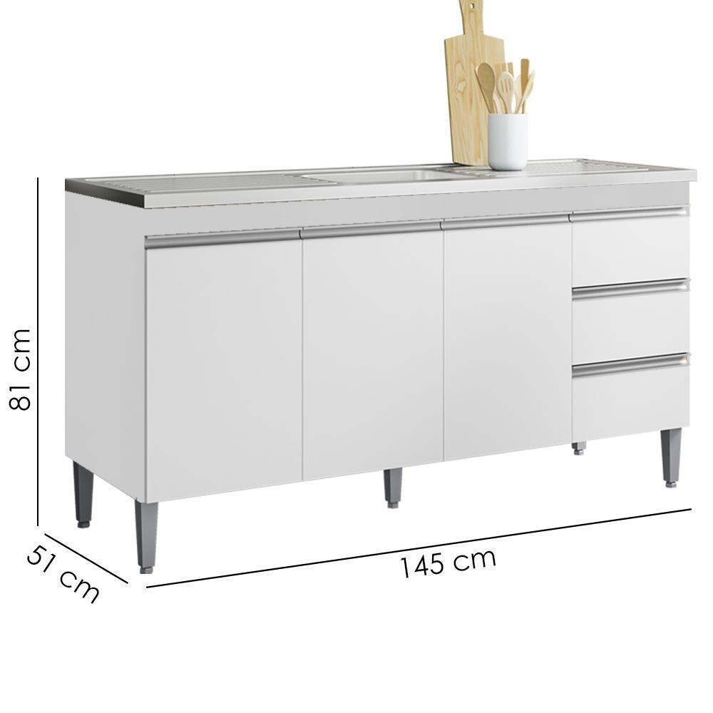 Balcão Pia Sem Tampo 3 Portas 3 Gavetas 145 Cm Andreia Branco Reajl Moveis - 3
