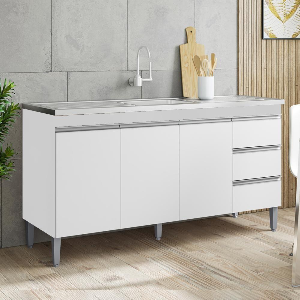 Balcão Pia Sem Tampo 3 Portas 3 Gavetas 145 Cm Andreia Branco Reajl Moveis - 7