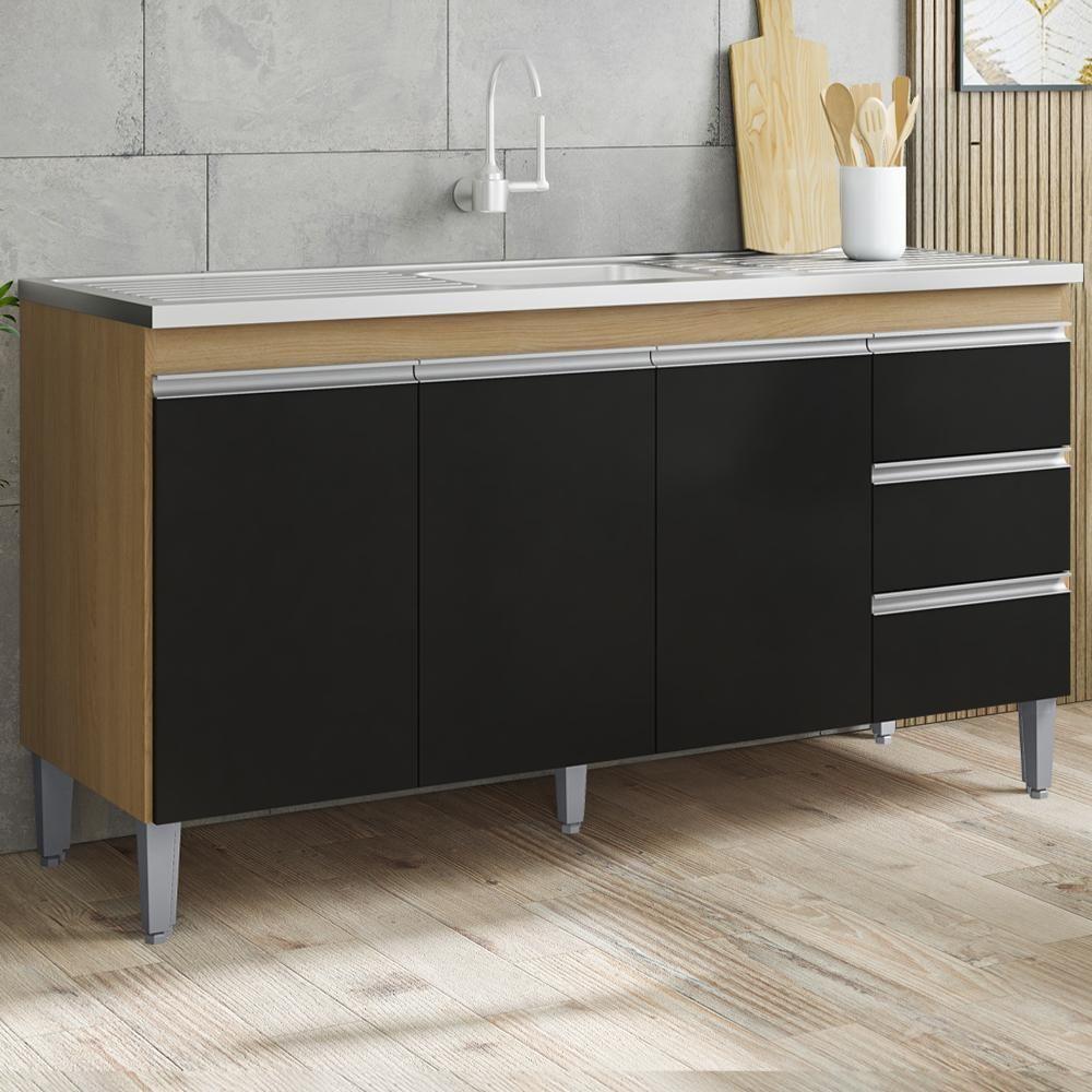 Balcão Pia Sem Tampo 3 Portas 3 Gavetas 155 Cm Andreia Amendoa Preto Reajl Moveis - 2