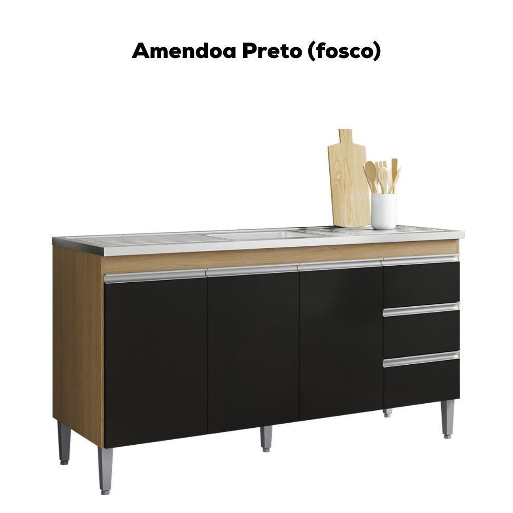 Balcão Pia Sem Tampo 3 Portas 3 Gavetas 155 Cm Andreia Amendoa Preto Reajl Moveis - 4