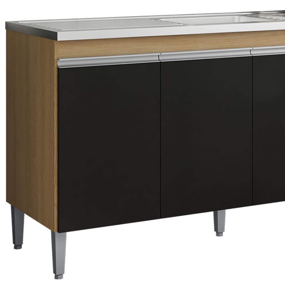 Balcão Pia Sem Tampo 3 Portas 3 Gavetas 155 Cm Andreia Amendoa Preto Reajl Moveis - 5