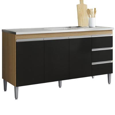 Balcão Pia Sem Tampo 3 Portas 3 Gavetas 155 Cm Andreia Amendoa Preto Reajl Moveis