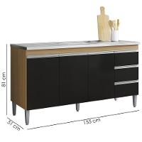 Balcão Pia Sem Tampo 3 Portas 3 Gavetas 155 Cm Andreia Amendoa Preto Reajl Moveis - 3