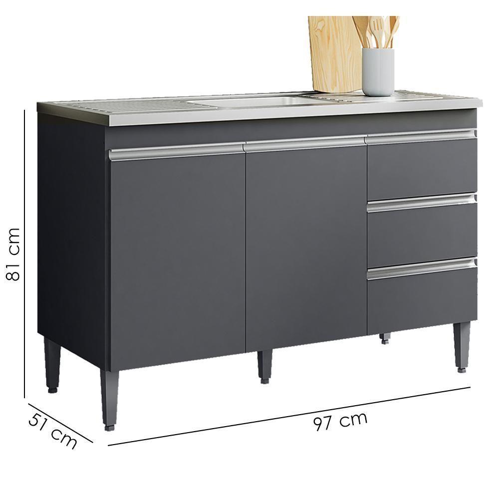 Balcão Pia Sem Tampo 2 Portas 3 Gavetas 97 Cm Andreia Cinza Reajl Moveis - 3