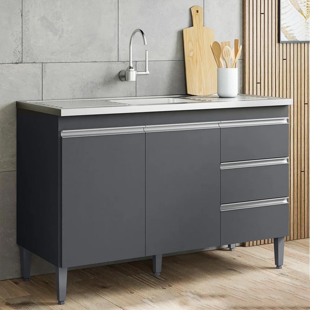 Balcão Pia Sem Tampo 2 Portas 3 Gavetas 97 Cm Andreia Cinza Reajl Moveis - 6