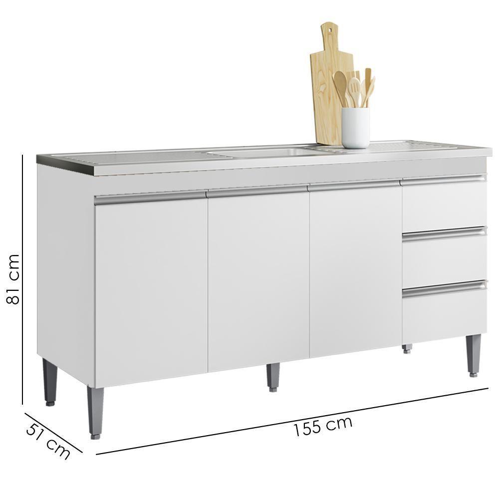 Balcão Pia Sem Tampo 3 Portas 3 Gavetas 155 Cm Andreia Branco Reajl Moveis - 3
