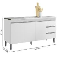 Balcão Pia Sem Tampo 3 Portas 3 Gavetas 155 Cm Andreia Branco Reajl Moveis - 3