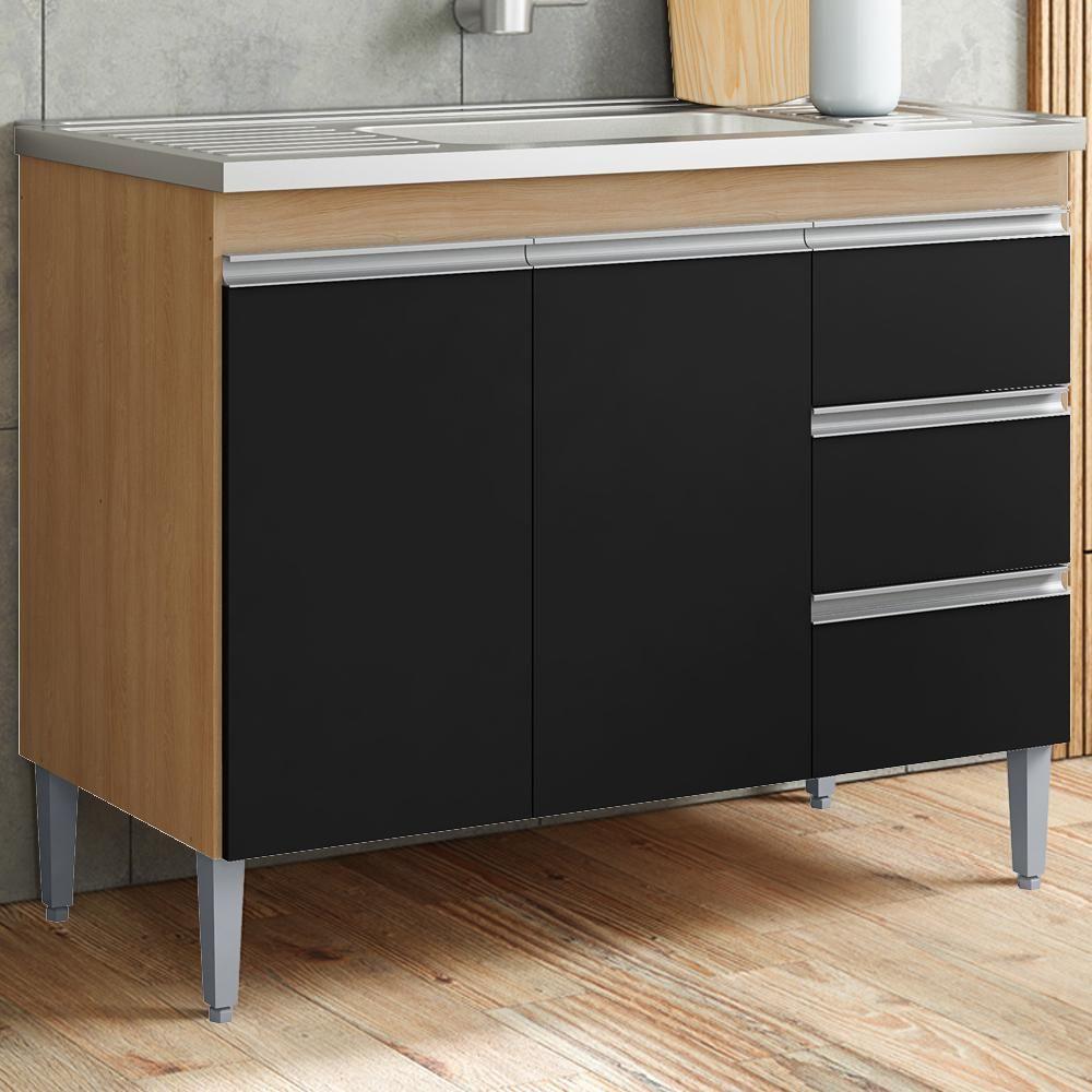 Balcão Pia Sem Tampo 2 Portas 3 Gavetas 97 Cm Andreia Amendoa Preto Reajl Moveis - 2