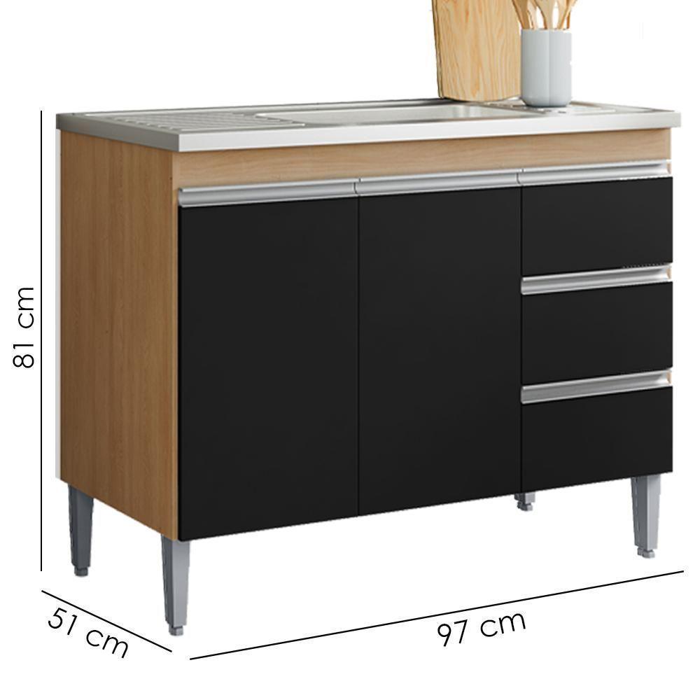 Balcão Pia Sem Tampo 2 Portas 3 Gavetas 97 Cm Andreia Amendoa Preto Reajl Moveis - 3