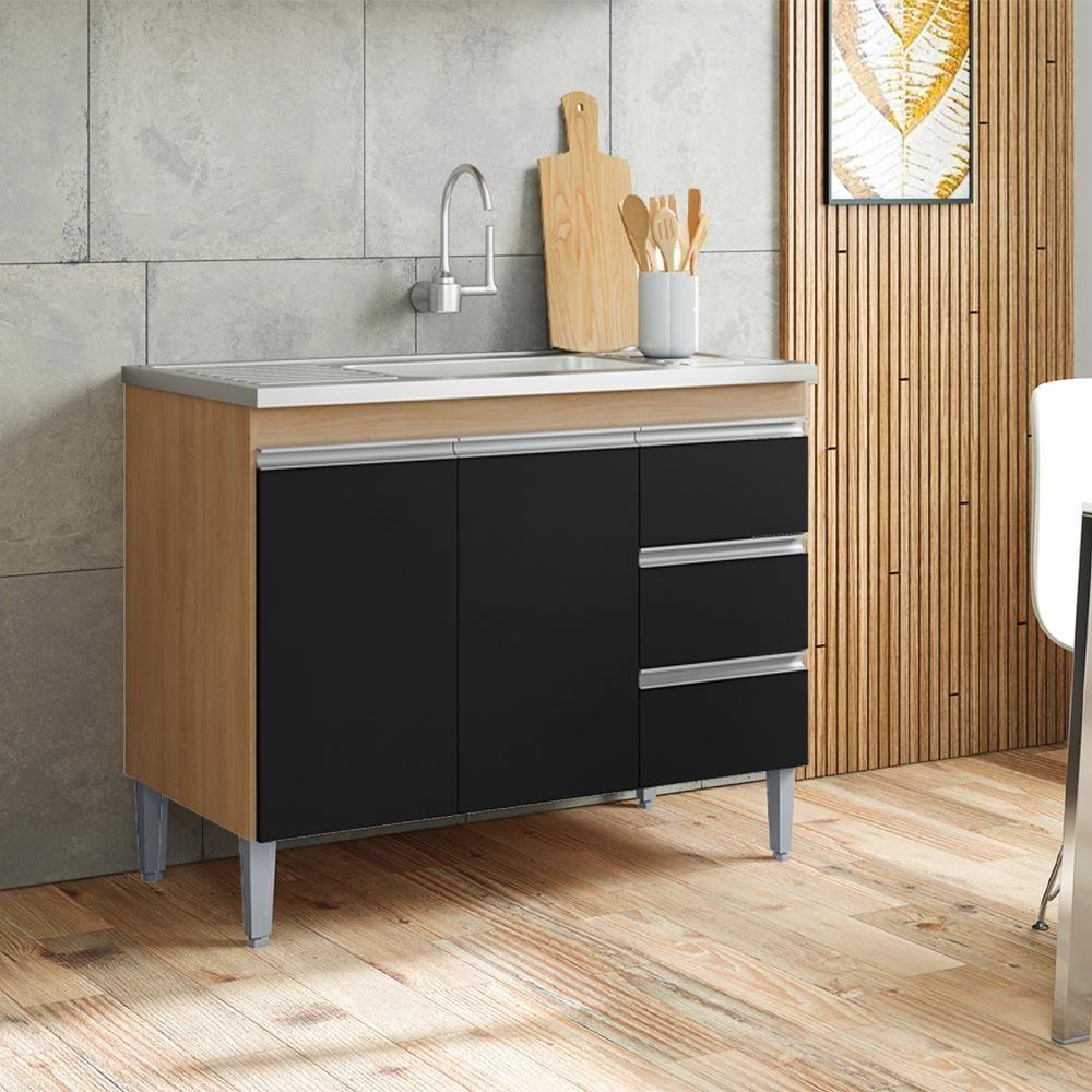 Balcão Pia Sem Tampo 2 Portas 3 Gavetas 97 Cm Andreia Amendoa Preto Reajl Moveis - 6