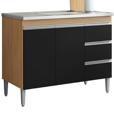 Balcão Pia Sem Tampo 2 Portas 3 Gavetas 97 Cm Andreia Amendoa Preto Reajl Moveis