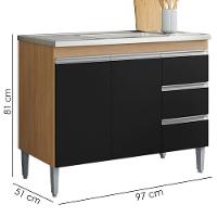 Balcão Pia Sem Tampo 2 Portas 3 Gavetas 97 Cm Andreia Amendoa Preto Reajl Moveis - 3