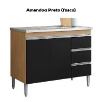 Balcão Pia Sem Tampo 2 Portas 3 Gavetas 97 Cm Andreia Amendoa Preto Reajl Moveis