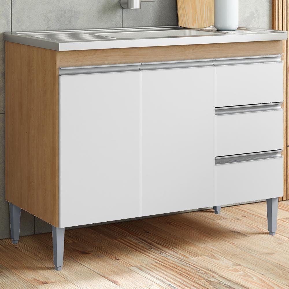 Balcão Pia Sem Tampo 2 Portas 3 Gavetas 97 Cm Andreia Amendoa Branco Reajl Moveis - 2