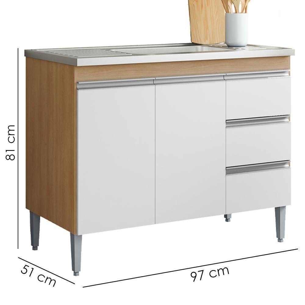 Balcão Pia Sem Tampo 2 Portas 3 Gavetas 97 Cm Andreia Amendoa Branco Reajl Moveis - 3