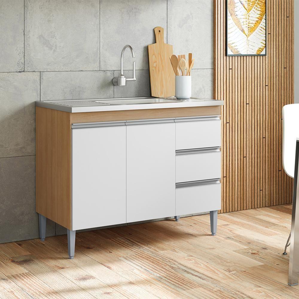 Balcão Pia Sem Tampo 2 Portas 3 Gavetas 97 Cm Andreia Amendoa Branco Reajl Moveis - 6