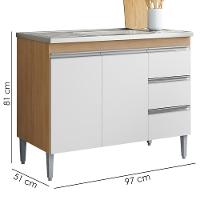 Balcão Pia Sem Tampo 2 Portas 3 Gavetas 97 Cm Andreia Amendoa Branco Reajl Moveis - 3