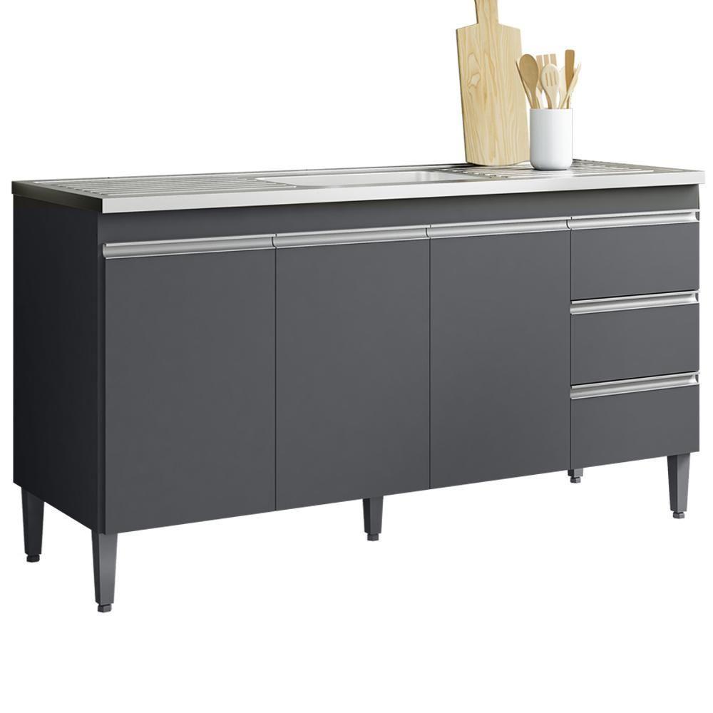 Balcão Pia Sem Tampo 3 Portas 3 Gavetas 155 Cm Andreia Cinza Reajl Moveis - 1