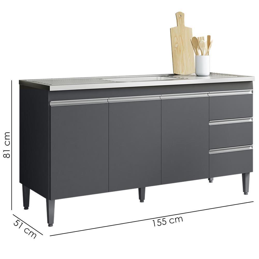 Balcão Pia Sem Tampo 3 Portas 3 Gavetas 155 Cm Andreia Cinza Reajl Moveis - 3