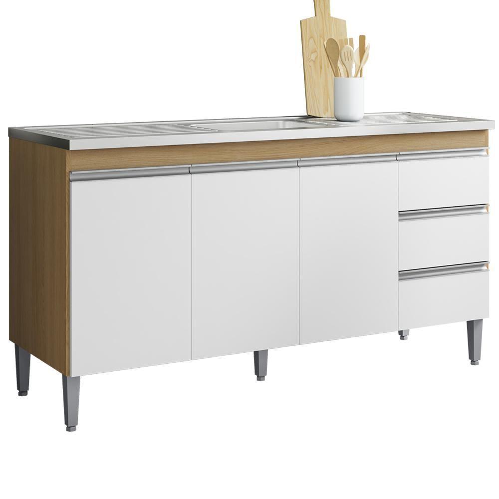 Balcão Pia Sem Tampo 3 Portas 3 Gavetas 155 Cm Andreia Amendoa Branco Reajl Moveis - 1