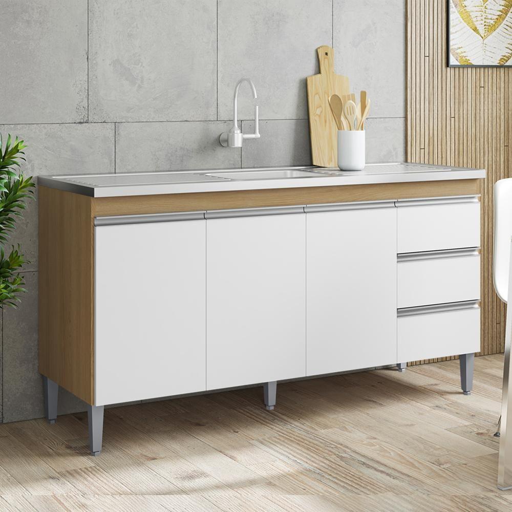 Balcão Pia Sem Tampo 3 Portas 3 Gavetas 155 Cm Andreia Amendoa Branco Reajl Moveis - 7