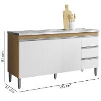 Balcão Pia Sem Tampo 3 Portas 3 Gavetas 155 Cm Andreia Amendoa Branco Reajl Moveis - 3