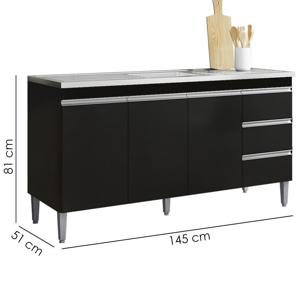 Balcão Pia Sem Tampo 3 Portas 3 Gavetas 145 Cm Andreia Preto Reajl Moveis - 3
