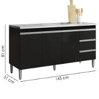 Balcão Pia Sem Tampo 3 Portas 3 Gavetas 145 Cm Andreia Preto Reajl Moveis - 3