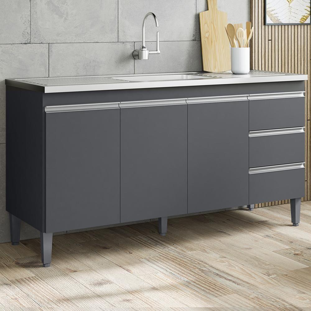Balcão Pia Sem Tampo 3 Portas 3 Gavetas 145 Cm Andreia Cinza Reajl Moveis - 2