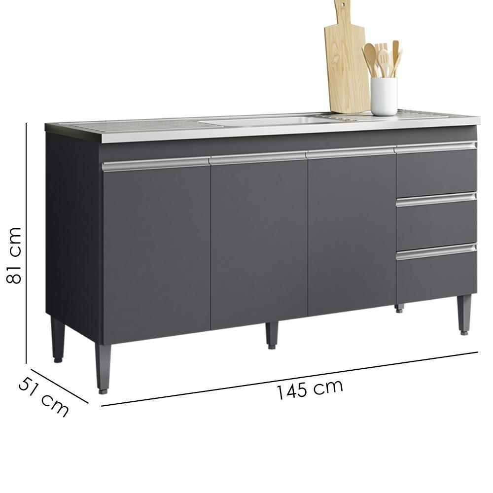 Balcão Pia Sem Tampo 3 Portas 3 Gavetas 145 Cm Andreia Cinza Reajl Moveis - 3